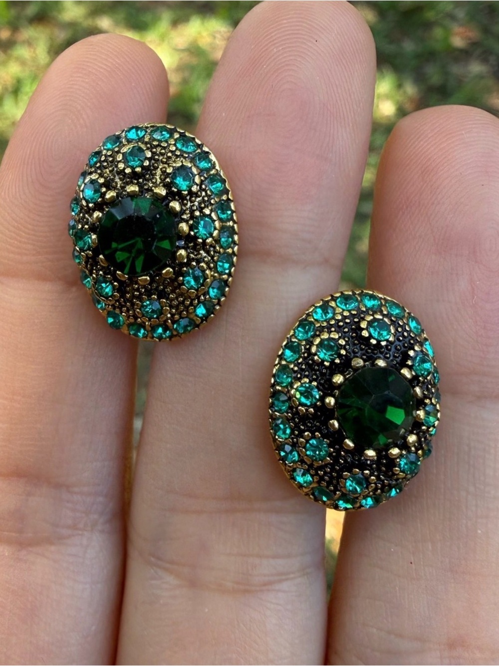 Green Crystal Oval Stud Earrings - Emerald Tone - Picture 5 of 6